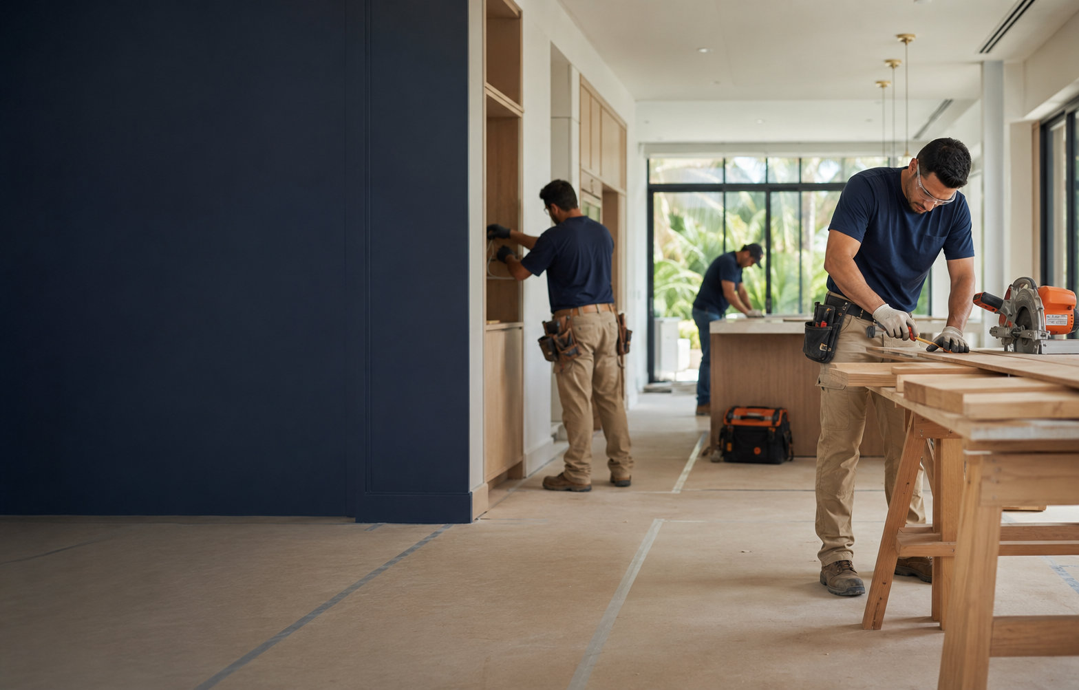 Professional remodeling team working inside a bright Miami home